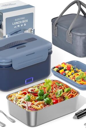 Electric Lunch Box Food Heater Upgrade 3 in 1 Portable Food Warmer 100W Leakproof Heated Lunch Box for Adults Car/Truck/Office with 1.8L SS Container Fork Spoon Carry Bag, 12V/24V/110V