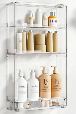 Adhesive Shower Caddy Large Capacity Bathroom Storage Shelves Clear Acrylic Shower Organizer for Kitchen RV Cosmetic