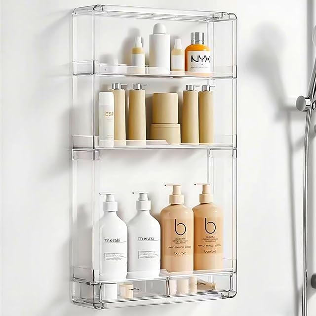 Adhesive Shower Caddy Large Capacity Bathroom Storage Shelves Clear Acrylic Shower Organizer for Kitchen RV Cosmetic