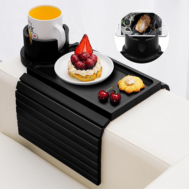 Couch Cup Holder Tray - 3 in 1 Sofa Arm Tray with 360° Rotating Cup Holder & Phone Stand,Fits Various Couches Arm Widths - Anti-Slip Foldable Couch Arm Tray for Snacks, Cellphone Remote