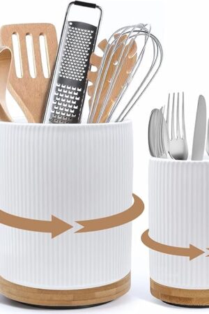 2 Pack Ceramic Utensil Holder, 7.3"+5.4" Large kitchen utensils holder for Countertop, 360° Rotating Cooking Utensil Crock for Kitchen Counter with Detachable Wooden Base, Kitchen Decor