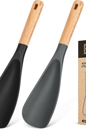 Cooking Spoon for Nonstick Cookwares, Great for Cooking and Serving Sturdy BPA-Free Matte Silicone, Wood Handle Spoon for Mixing, Scoop, and Scrape (Black & Grey, 11.4 inch)