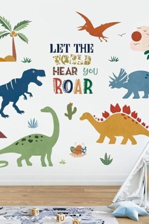 decalmile Boho Dinosaur Wall Decals Dino Palm Tree Wall Stickers Baby Nursery Boys Bedroom Playroom Wall Decor Gifts for Kids
