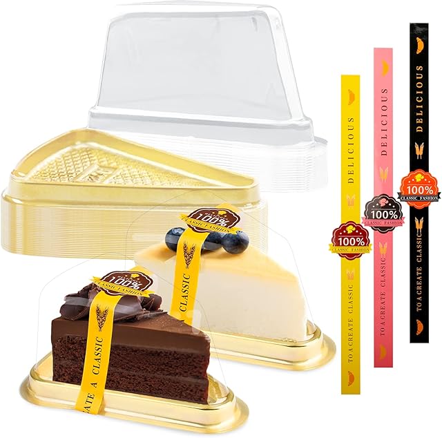 50 Pack Cake Slice Containers, Clear Plastic Cake Containers Disposable Cheesecake Containers Individual Cake Pie Slice Boxes with Lids for Small Pies Snack Dessert - Bonus 50 Pcs Stickers (Gold)