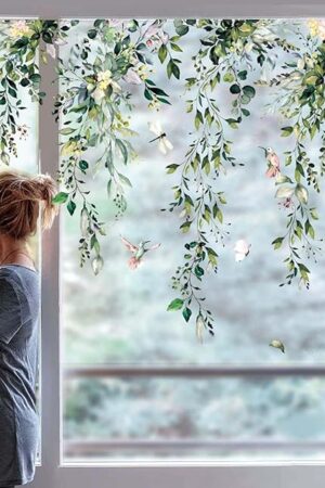 Whaline 9 Sheets Summer Flowers Window Clings Eucalyptus Flower Window Stickers Spring Plant Hanging Vine Floral Leaf Reusable Decals for Wedding Party Home Decor Supplies