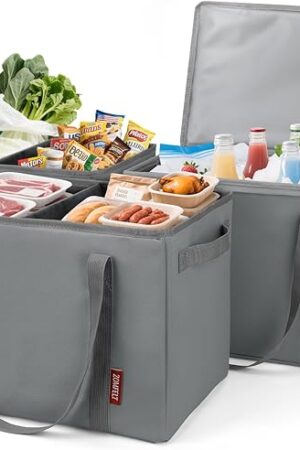 ZOMFELT Reusable Grocery Bag (3 PCS), Foldable Shopping Bags with Removable Dividers & Hard Bottom for Organized Storage, 2-Pieces Heavy Duty Tote Bags with Insulated Cooler Box for Shopping, Picnic
