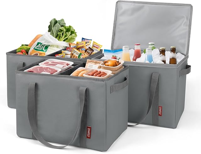 ZOMFELT Reusable Grocery Bag (3 PCS), Foldable Shopping Bags with Removable Dividers & Hard Bottom for Organized Storage, 2-Pieces Heavy Duty Tote Bags with Insulated Cooler Box for Shopping, Picnic