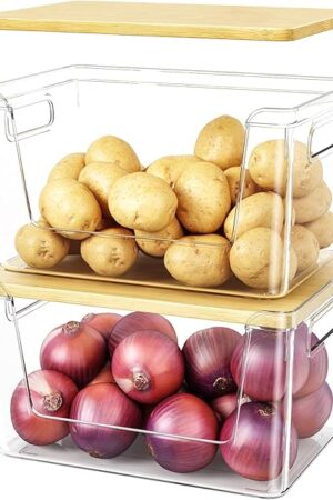 2 Set Pantry Organizer and Stackable Storage Kitchen,Sturdy and Durable Storage Basket for Potato, Onion, Garlic, Fruit, Vegetable, Produce, Clear Plastic Storage with Lid&Handle