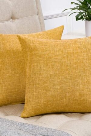 Anickal Set of 2 Mustard Yellow Pillow Covers 18x18 Inch Rustic Linen Decorative Square Throw Pillow Covers for Sofa Couch Decoration