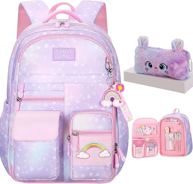 Girls Backpack, School Backpacks Rainbow,Kawaii Kids Backpack,Book Bag for Elementary Primary School With Pen Bag
