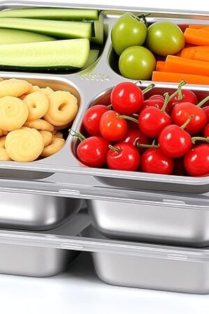 3-Pack Stainless Steel Snack Containers with Lids, 4-Compartment Bento Boxes, Reusable Meal Prep and Lunch Containers - Divided Food Storage Containers Ideal for Home and Travel