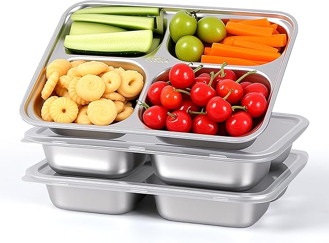3-Pack Stainless Steel Snack Containers with Lids, 4-Compartment Bento Boxes, Reusable Meal Prep and Lunch Containers - Divided Food Storage Containers Ideal for Home and Travel