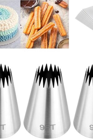 3Pcs Churro Piping Bags and Tips Set,Stainless Steel 9FT Icing Tips Set with 10Pcs Disposable Piping Bags,Open Star Pastry Tips for Cake Decorating