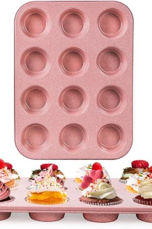 2-Pack Pink Nonstick Muffin Pans, 12-Cup Muffin Cake Pan, 5-Layer Free PFOA/PFOS/PTFE Safe Cupcake Pan, Durable & Easy-Clean Muffin Cup for Baking
