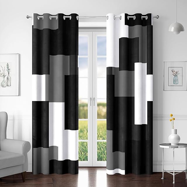Black Grey 100% Blackout Curtains for Bedroom 84 inch Length 2 Panels Set White Gray Modern Abstract Geometric Black Out Curtains Insulated Room Darkening Window Drapes for Living Room, 52Wx84L