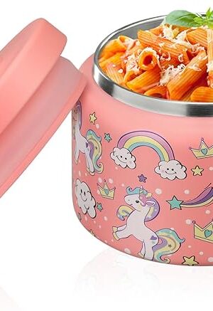 8oz Kids Thermo for Hot Food,Small Lunch Thermos Food Container Stainless Steel,Easy Open Wide Mouth Thermo for Hot Cold Food for Preschool Travel (Pink Unicorns)