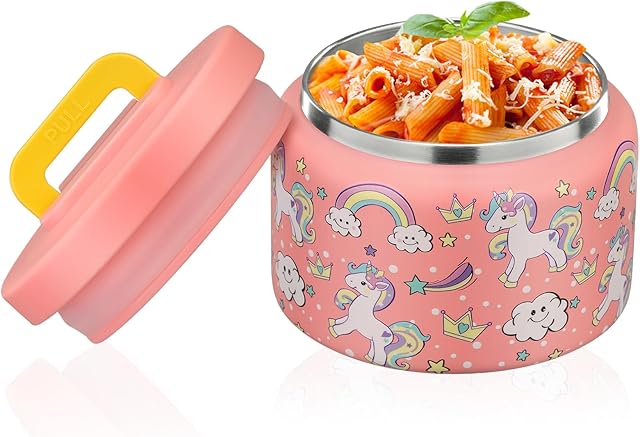 8oz Kids Thermo for Hot Food,Small Lunch Thermos Food Container Stainless Steel,Easy Open Wide Mouth Thermo for Hot Cold Food for Preschool Travel (Pink Unicorns)