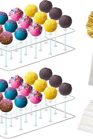 Acrylic Lollipop Holder,2PC Cake Pop Stand Display Cake Pop Holder 100PCS Lollipop Sticks 100PCS Clear Treats Bags and 100PCS Gold Metallic Twist Ties for Candy Cake Pop Making Tools