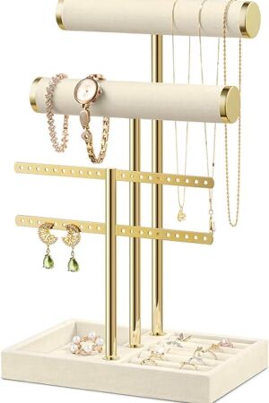 Bracelet Holder Jewelry Organizer Display - 3 Tier T Bar Velvet Stand, Beige Jewelry Storage for Bracelet, Necklaces, Earrings, Rings, Watches