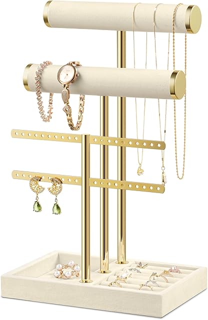 Bracelet Holder Jewelry Organizer Display - 3 Tier T Bar Velvet Stand, Beige Jewelry Storage for Bracelet, Necklaces, Earrings, Rings, Watches