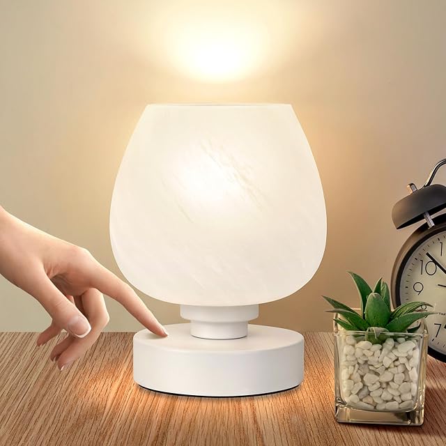 Bedside Table Lamp Touch Small Lamp White Opal Glass Shade