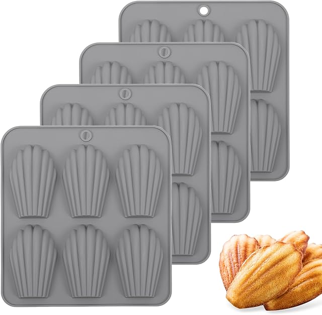 4 Pack Madeleine Pans for Baking, 6 Cavity Shell Shape Baking Mold Nonstick Cookie Cake Pan for Oven (Grey)