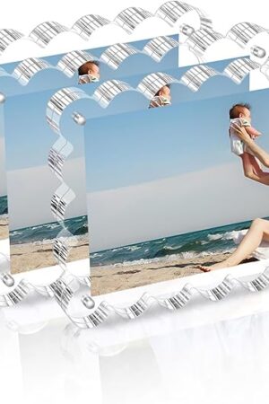 3 Pack Acrylic Picture Frame: 4x6inch Magnetic Picture Frames, Double Sided Magnet Frames,10+10mm Thick Block, Clear Photo Scalloped Frames Freestanding for Desktop Display (Clear, 4X6)