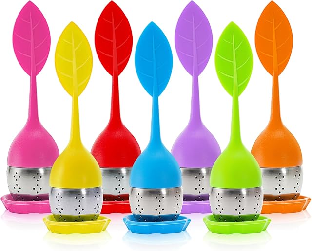 Bekith 7 Pack Silicone Tea Infuser, Cute Loose Leaf Tea Steeper, Fine Mesh Tea Strainer with Drip Tray, Stainless Steel Tea Filter Ball Tea Diffuser Steeper for Cup Mug