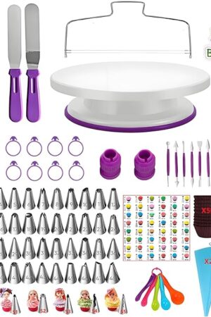 345 Pcs Cake Decorating Kit, with Cake Turntable,48 Numbered Icing Tips,7 Numbered Korean Skirt Piping Tips,2 Spatulas,3 Comb Scrapers,102 Pastry Bags,100 Paper Cupcake Liners