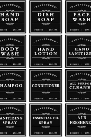 White Waterproof Soap Labels for Plastic/Glass Bottles, Bathroom/Kitchen Hand Soap Dispenser Label Stickers, Removable Cleaning Bottle Labels for Soap, Lotion, Shampoo Conditioner, 12Pack (Black)
