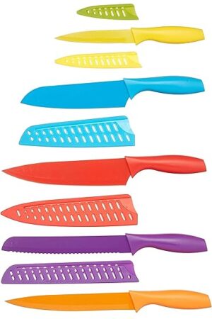 Amazon Basics Color-Coded Dishwasher Safe Kitchen 12-Piece Knife Set, 6 Knives with 6 Blade Guards, Multicolor, 13.88 x 4.13 x 1.38 inch