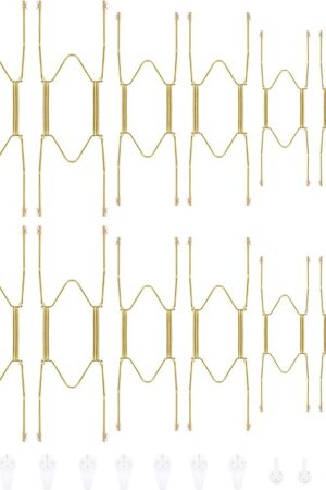 Bilillo 12-Piece Stainless Steel Wall Plate Hangers, 6/8/10 Inch Invisible Decorative Wire Plate Holders with 12 Pieces Wall Hooks for 5.5 to 10.5 Inch (Gold)