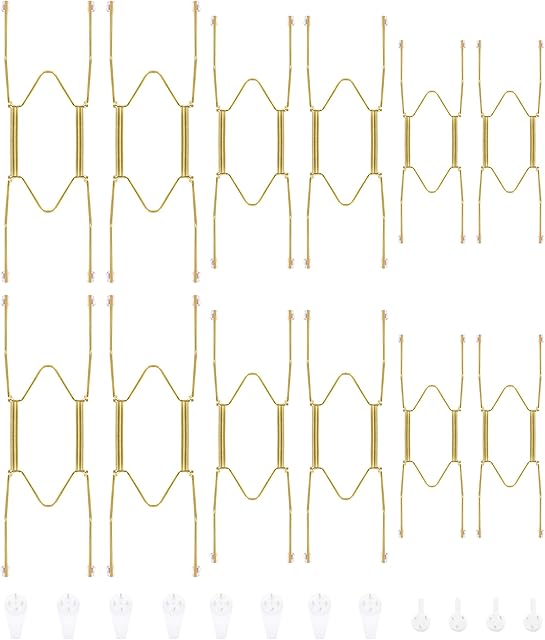 Bilillo 12-Piece Stainless Steel Wall Plate Hangers, 6/8/10 Inch Invisible Decorative Wire Plate Holders with 12 Pieces Wall Hooks for 5.5 to 10.5 Inch (Gold)