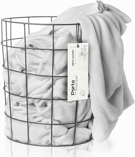 h 10'' w 9.5'' Round Metal Laundry Basket - Wire Hamper for Blankets, Towels, and More - Indoor and Outdoor Storage Bin - Living Room Organization - Rustic Farmhouse Decor - Grey Utility Bin - Small