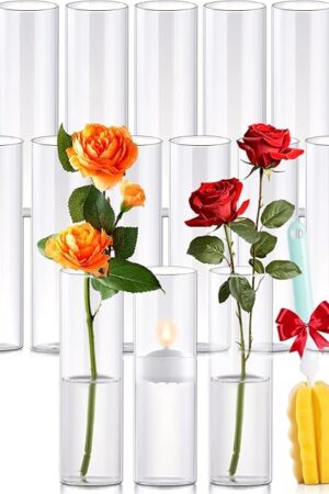 16Pcs Glass Cylinder Bud Vases for Centerpieces,7.7 In Tall Clear Flower Vases in Bulk,Glass Small Vases Floating Candle Holder for Party,Home Decor,Wedding Decoration,Birthday,Anniversary,Baby Shower