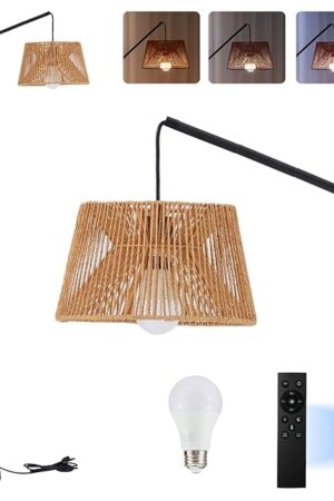 Arc Floor Lamp with Remote, Boho Floor Lamp with 3 Color Temperatures, 2700K-6500K Dimmable Rattan Standing Lamp with LED Bulb and Foot Switch, Adjustable Tall Lamp for Living Room Bedroom