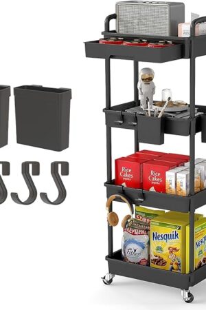 4 Tier Rolling Utility Cart with Drawer,REBECAT Utility Cart Made of Multifunctional Storage Organizer Tool for Kitchen,Bathroom,Living Room,Office(Black)