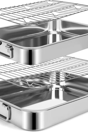 2 Pcs 13.7"15" Stainless Steel Roasting Pans with Handles, Baking Pan for Oven with 2 Pcs Flat Racks, Heavy Duty, Dishwasher Safe Rectangular Lasagna Pan with Handles for Turkey Chicken, Silver