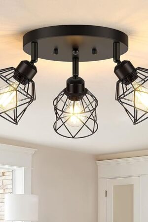3-Light Kitchen Flush Mount Ceiling Light, Adjustable Multi-Directional Ceiling Light Fixture, Farmhouse Black Metal Cage Close to Ceiling Lamp for Dining Room Bedroom Hallway