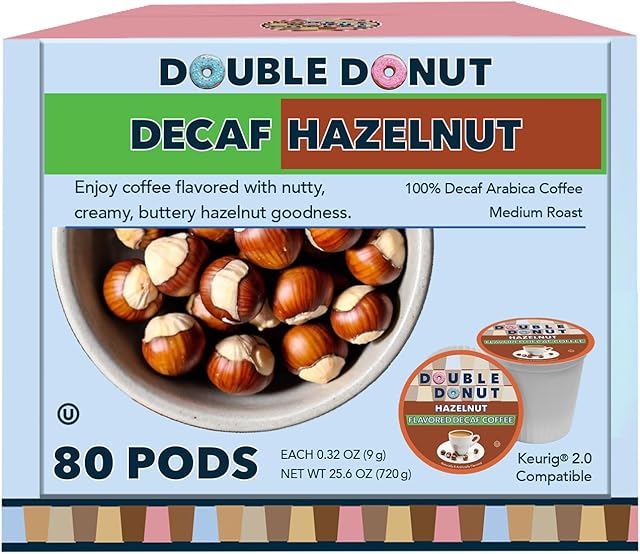 Double Donut Flavored Decaf Coffee, Decaf Hazelnut Coffee, Decaf Coffee Pods for Keurig K Cups Machines, Medium Roast, 80 Count (Pack of 1)