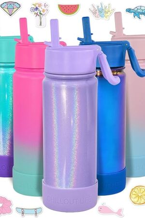 CHILLOUT LIFE 17 oz Kids Insulated Water Bottle with Straw Lid Leakproof and Cute Waterproof Stickers, Personalized Stainless Steel Thermos Flask Metal Water Bottle, Purple Sparkle