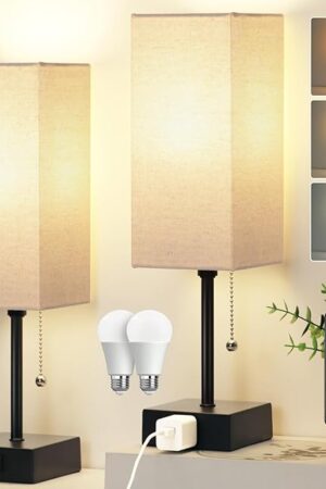 15'' Table Lamp for Bedroom set of 2,3-Color Bedside Lamps with Pull Chain Table Lamps for Night stands with AC Outlet,Small Night Light Lamps with 2 Bulbs Lamps for Living Room Kids Room Office Decor