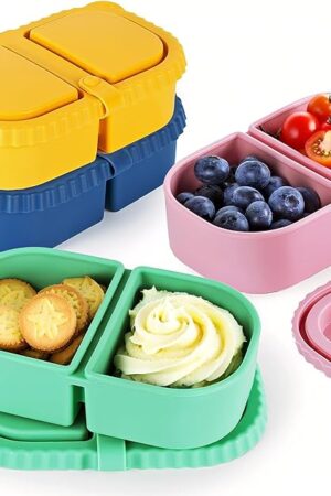 8.5 OZ Silicone Snack Container, 4 Sets Double Compartment Reusable Snack Box with Lids for Sauce