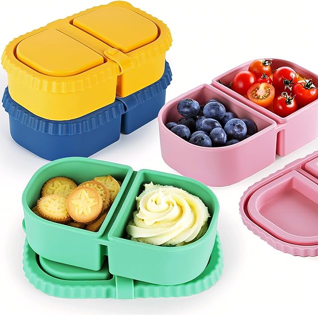 8.5 OZ Silicone Snack Container, 4 Sets Double Compartment Reusable Snack Box with Lids for Sauce