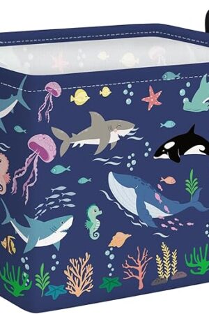 Clastyle Fish Sea Turtle Baby Basket Ocean Coral Seaweed Starfish Toy Book Shelf Basket Waterproof Pool Toy Beach Towel Storage Bin Large Dirty Clothes Laundry Hamper, Whales, 40*30*30 cm