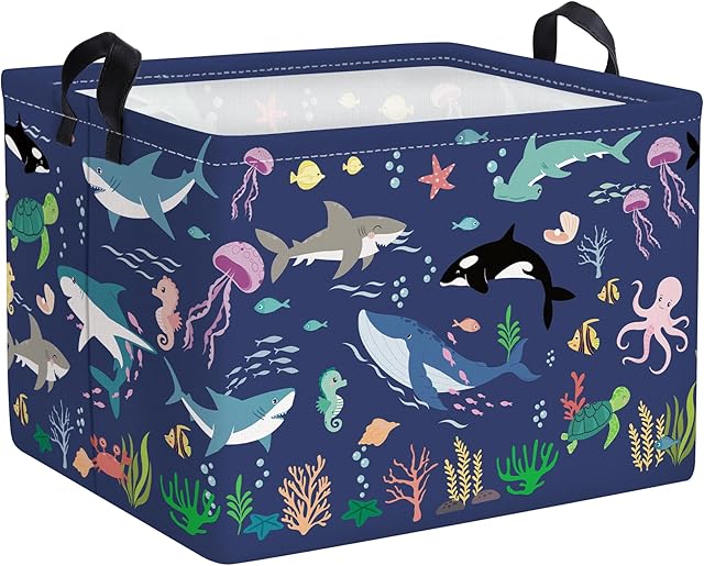 Clastyle Fish Sea Turtle Baby Basket Ocean Coral Seaweed Starfish Toy Book Shelf Basket Waterproof Pool Toy Beach Towel Storage Bin Large Dirty Clothes Laundry Hamper, Whales, 40*30*30 cm