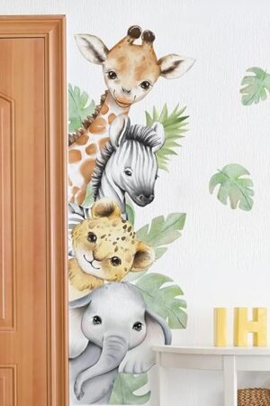 44.88 x 11.75 Inch Watercolor Jungle Animal Wall Decals - Forest Safari Elephant Lion Monkey Stickers for Baby Nursery, Playroom, Bedroom, Classroom, Kindergarten Decor