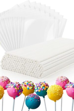 600 Pcs Cake Pop Sticks And Wrappers Kit - Lollipop Sticks And Wrappers Including 200 Pcs Lollipop Stick 200 Pcs Treat Bags 200 Pcs Twist Ties Treat Making Supplies for Candy Chocolate Cookie
