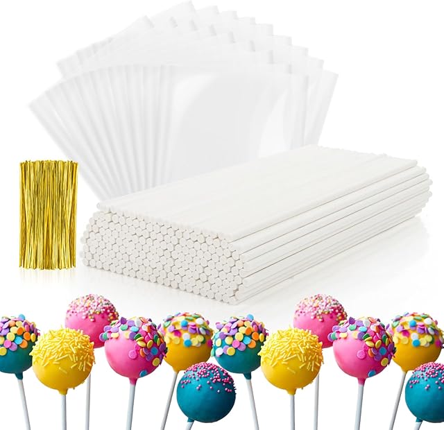 600 Pcs Cake Pop Sticks And Wrappers Kit - Lollipop Sticks And Wrappers Including 200 Pcs Lollipop Stick 200 Pcs Treat Bags 200 Pcs Twist Ties Treat Making Supplies for Candy Chocolate Cookie