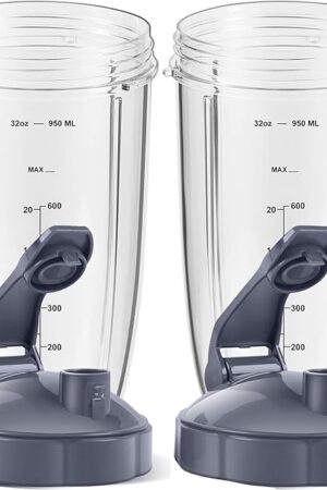 2-pack Replacement Parts Upgrade 32oz Cups with Flip-Top To-Go-Lid and Rubber Gaskets Compatible with NutriBullet 600w/900w Blender Accessory